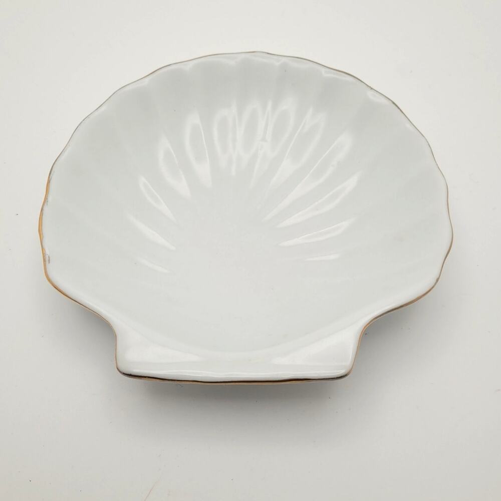 Shell Trinket Ring Soap Dish White Gold Rim Bathroom Vanity Coastal Mermaid
